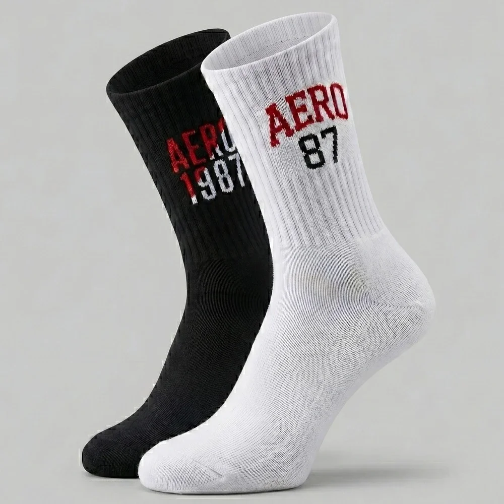 NWT 6-Pack Aeropostale Mens 6-12 Black White Crew Socks Athletic Aero 87 Graphic